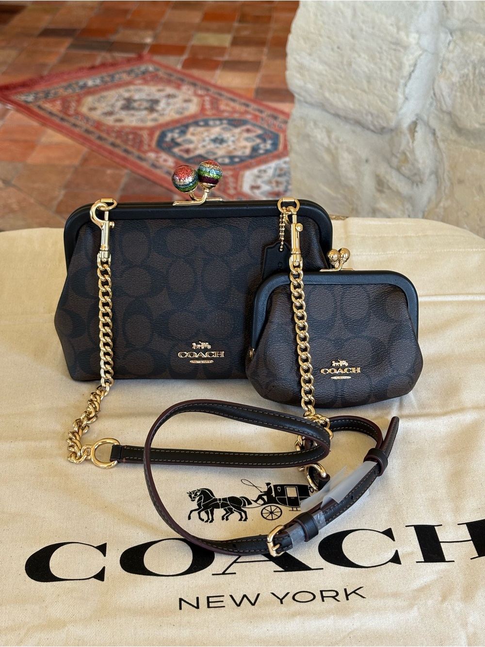 Coach Dark Brown Signature Mini Crossbody with Matching Coin Purse